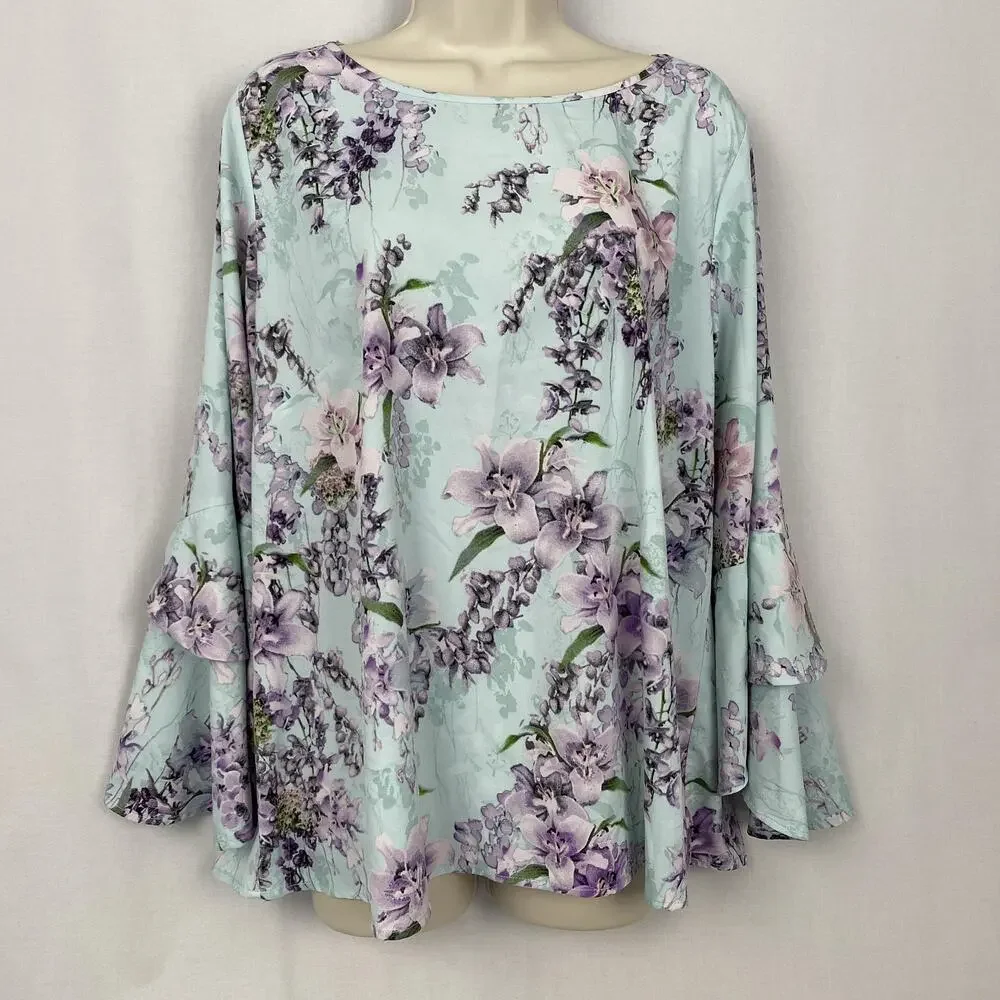 Belle Kim Gravel Top Large Blue Floral Flutter Sleeve Pastel Garden Boho A307916 - Picture 4 of 13